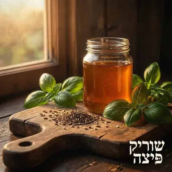 מצרכים טריים לפיצה — דבש, כמון ובזיליקום